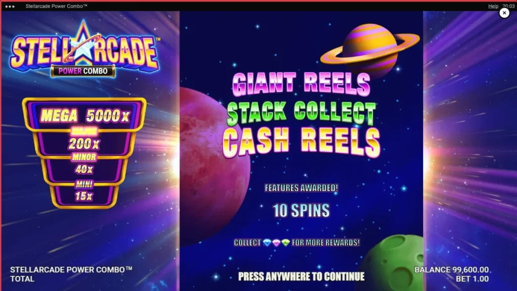 Tampilan visual neon retro-futuristik dari slot Stellarcade Power Combo