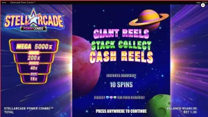 Tampilan visual neon retro-futuristik dari slot Stellarcade Power Combo